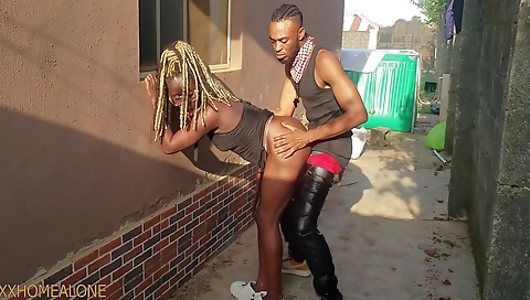 Ebony with a big ass gets her pussy fucked in a backyard