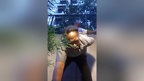 Hot black chick in a sexy black outfit gets a quickie