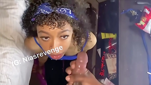 Ebony teen with a nice body is deep throated in the bedroom