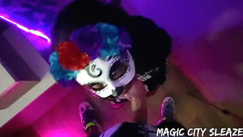 Ebony babe fucked in her ass by a man in a costume