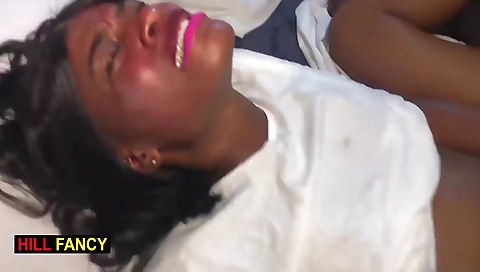 Ebony teen 18+ with hairy pussy fucked by a big black dildo