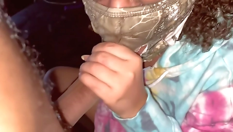 Ebony brunette babe sucks cock and gets deepthroat