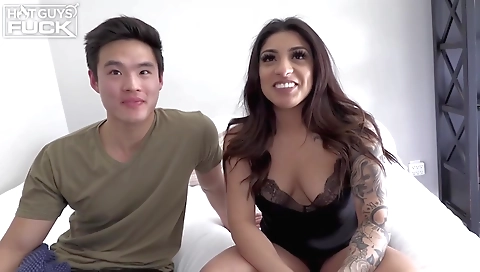 Brunette and red-haired ebony in a homemade interracial scene