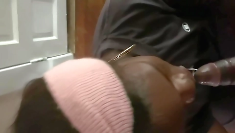 Ebony brunette gets her head out of her body while working