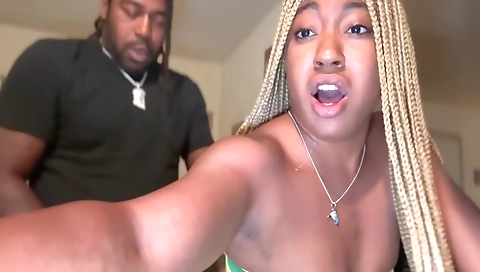 Ebony stepsister gets her big natural tits slapped