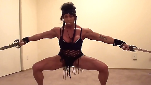 Sexy ebony beauties in bodybuilding outfit could slice