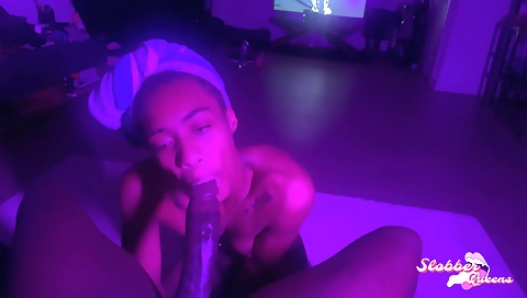 Ebony brunette in white dress getting a big cock deepthroat