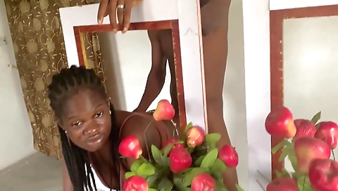 Ebony pornstar shows off her large ass on a deep-throated porn video